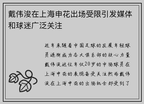 戴伟浚在上海申花出场受限引发媒体和球迷广泛关注 戴伟浚在上海申花出场受限引发媒体和球迷广泛关注